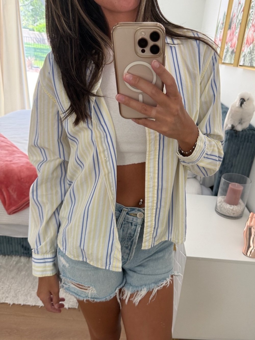 Aritzia Striped Button-Down Shirt in Light Yellow & Blue